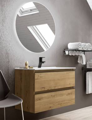 Ambiente baño con espejo redondo LED 80 cm.